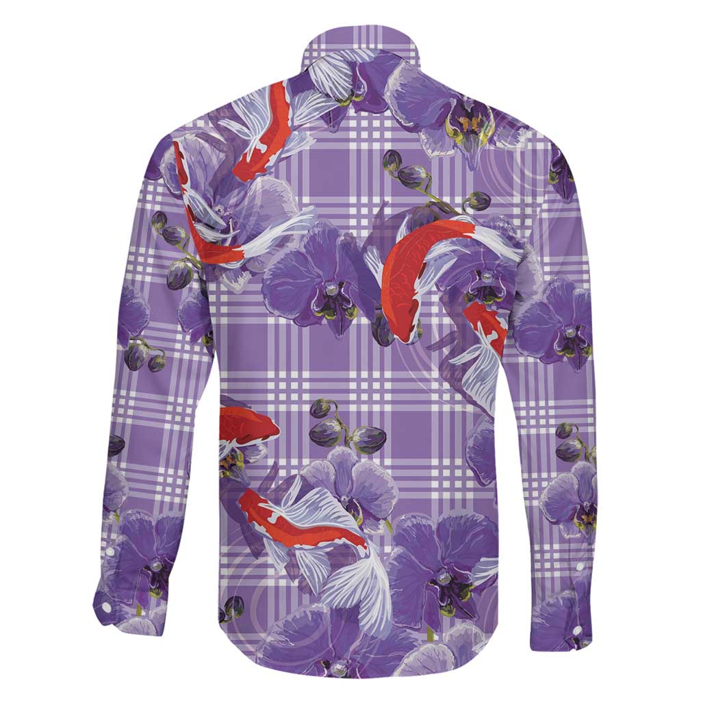 Lavender Palaka Hawaii Aloha Family Matching Off Shoulder Maxi Dress and Hawaiian Shirt Koi Pond Mix Orchids LT7 - Polynesian Pride