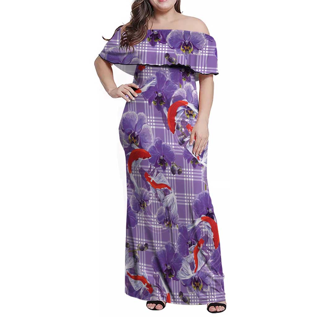 Lavender Palaka Hawaii Aloha Family Matching Off Shoulder Maxi Dress and Hawaiian Shirt Koi Pond Mix Orchids LT7 Purple - Polynesian Pride