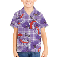 Lavender Palaka Hawaii Aloha Family Matching Off Shoulder Maxi Dress and Hawaiian Shirt Koi Pond Mix Orchids LT7 - Polynesian Pride