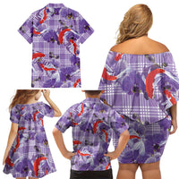 Lavender Palaka Hawaii Aloha Family Matching Off Shoulder Short Dress and Hawaiian Shirt Koi Pond Mix Orchids LT7 - Polynesian Pride