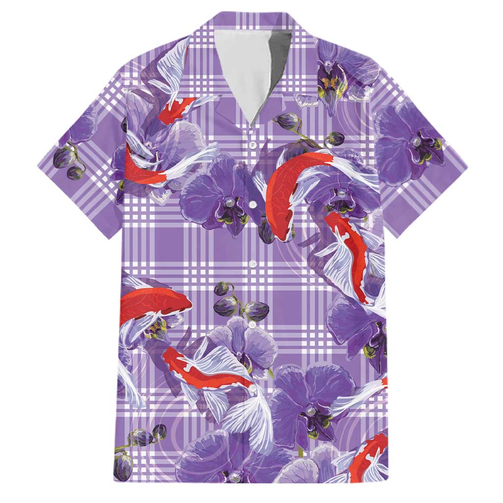 Lavender Palaka Hawaii Aloha Family Matching Off Shoulder Short Dress and Hawaiian Shirt Koi Pond Mix Orchids LT7 Dad's Shirt - Short Sleeve Purple - Polynesian Pride