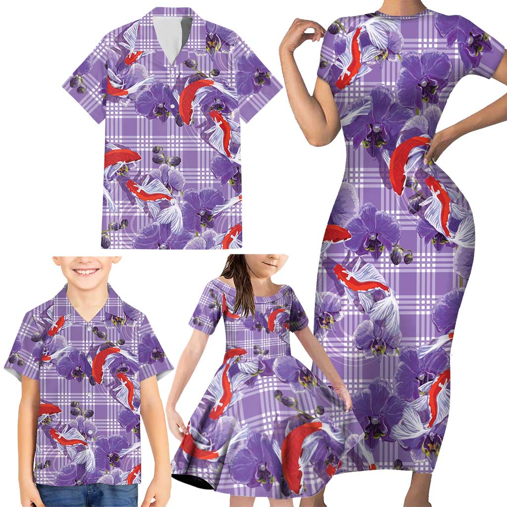 Lavender Palaka Hawaii Aloha Family Matching Short Sleeve Bodycon Dress and Hawaiian Shirt Koi Pond Mix Orchids - Polynesian Pride