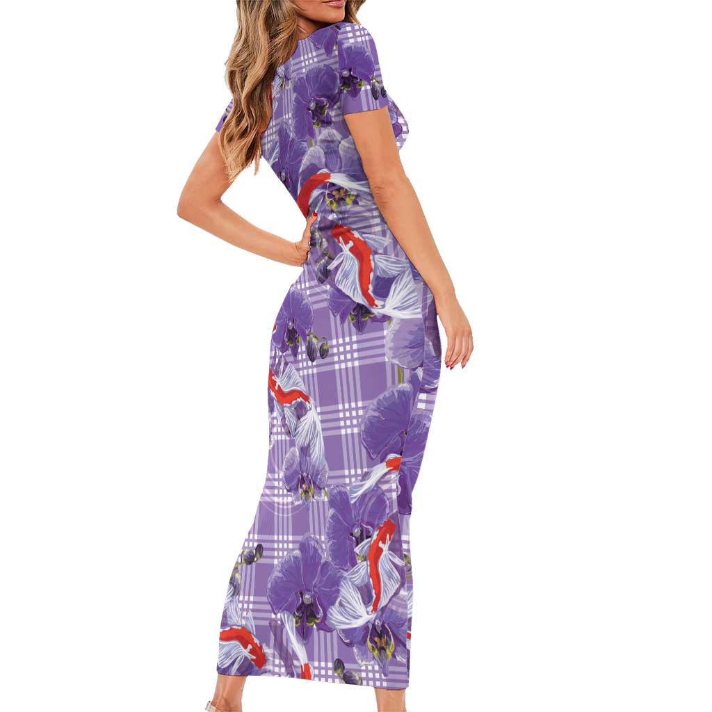 Lavender Palaka Hawaii Aloha Family Matching Short Sleeve Bodycon Dress and Hawaiian Shirt Koi Pond Mix Orchids LT7 - Polynesian Pride