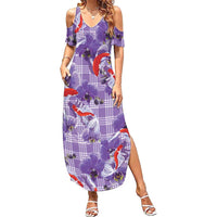 Lavender Palaka Hawaii Aloha Family Matching Summer Maxi Dress and Hawaiian Shirt Koi Pond Mix Orchids LT7 Purple - Polynesian Pride