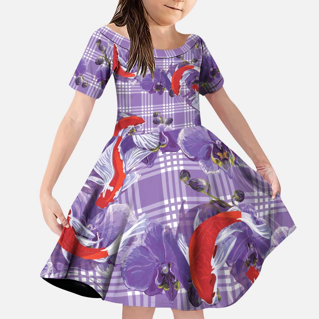 Lavender Palaka Hawaii Aloha Family Matching Tank Maxi Dress and Hawaiian Shirt Koi Pond Mix Orchids LT7 Daughter's Dress Purple - Polynesian Pride