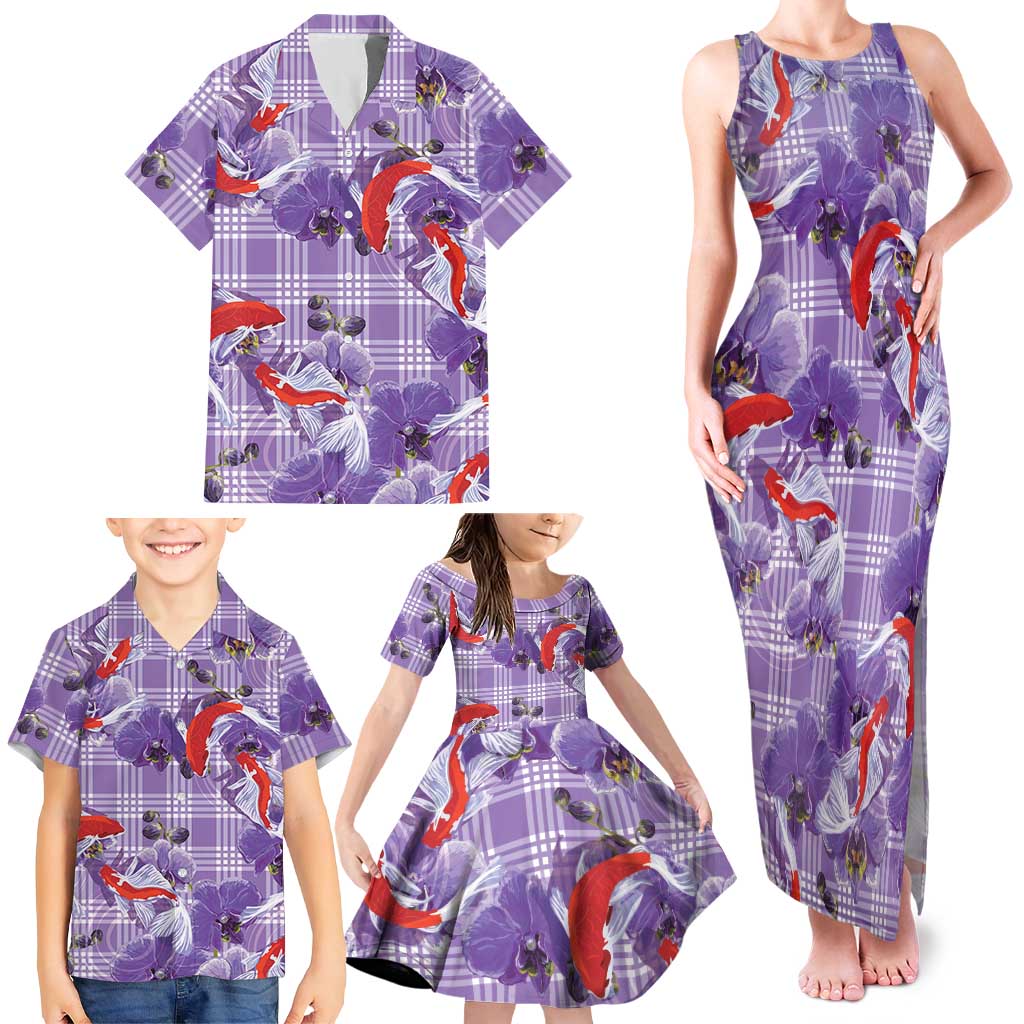 Lavender Palaka Hawaii Aloha Family Matching Tank Maxi Dress and Hawaiian Shirt Koi Pond Mix Orchids - Polynesian Pride
