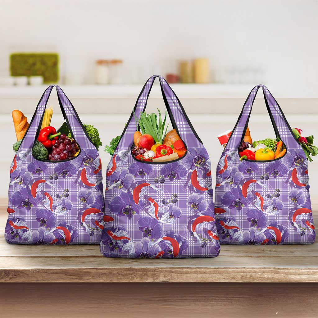 Lavender Palaka Hawaii Aloha Grocery Bag Koi Pond Mix Orchids - Polynesian Pride