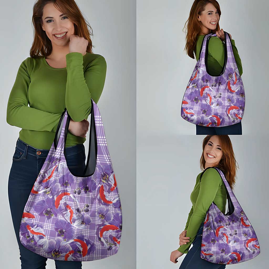 Lavender Palaka Hawaii Aloha Grocery Bag Koi Pond Mix Orchids - Polynesian Pride