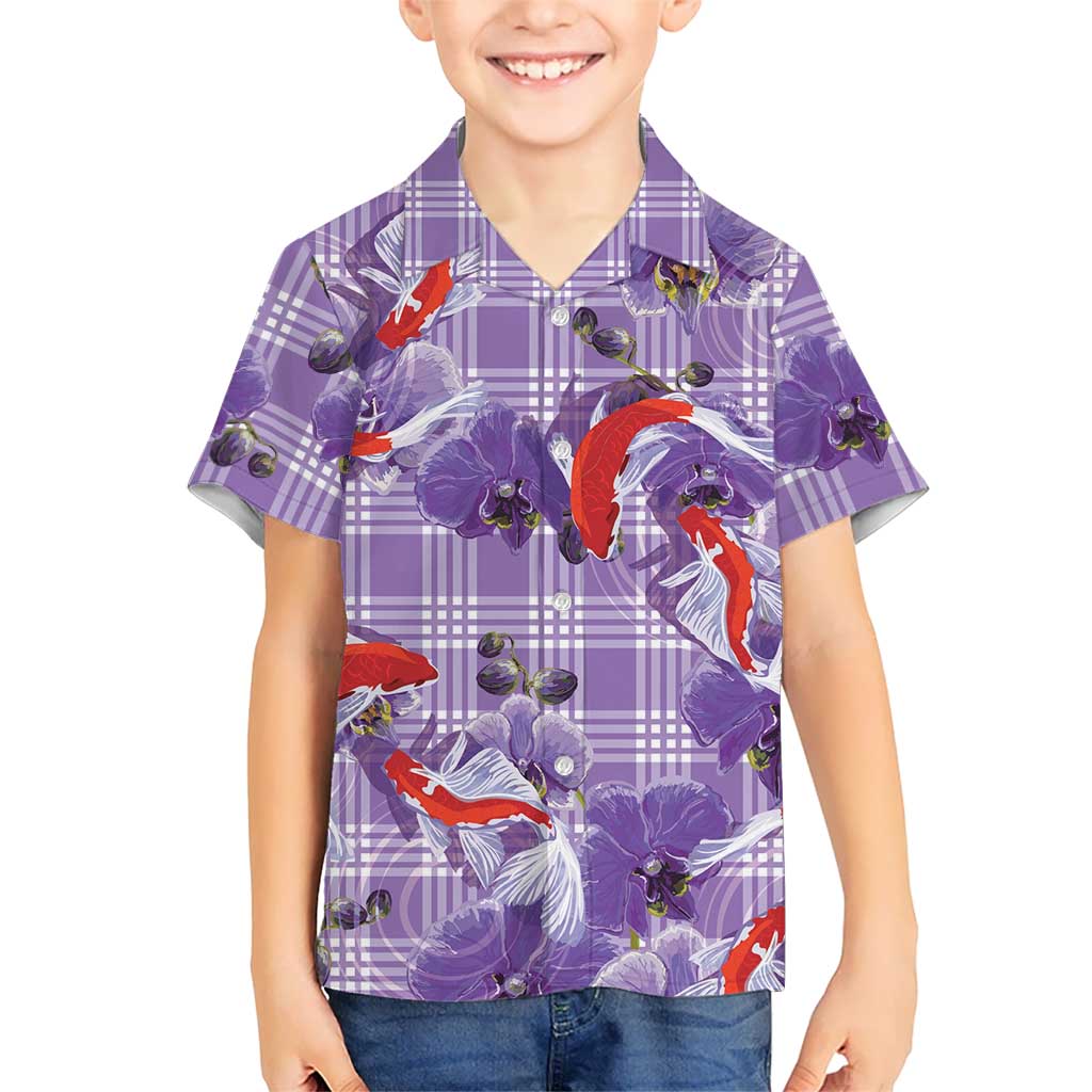Lavender Palaka Hawaii Aloha Kid Hawaiian Shirt Koi Pond Mix Orchids - Polynesian Pride