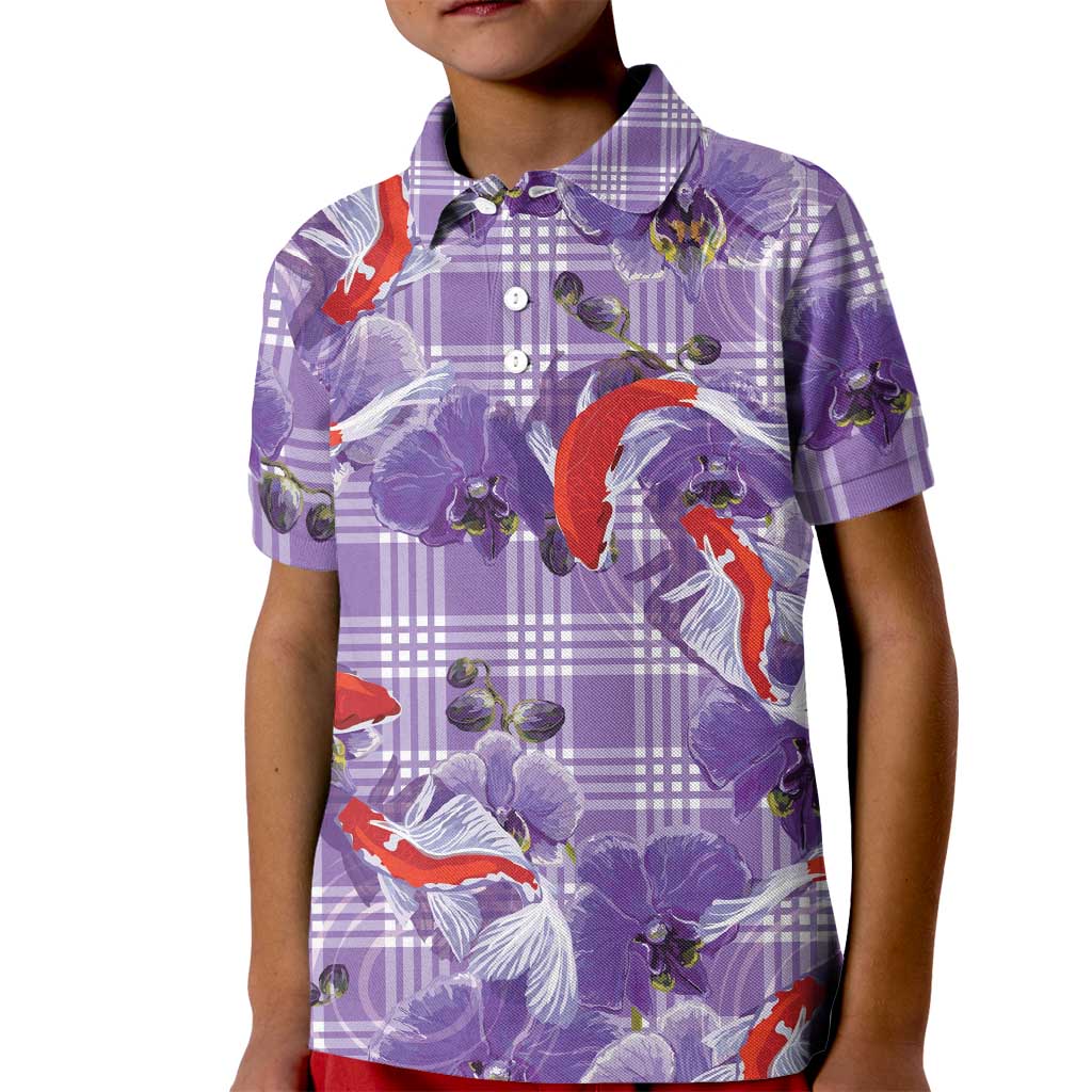 Lavender Palaka Hawaii Aloha Kid Polo Shirt Koi Pond Mix Orchids - Polynesian Pride