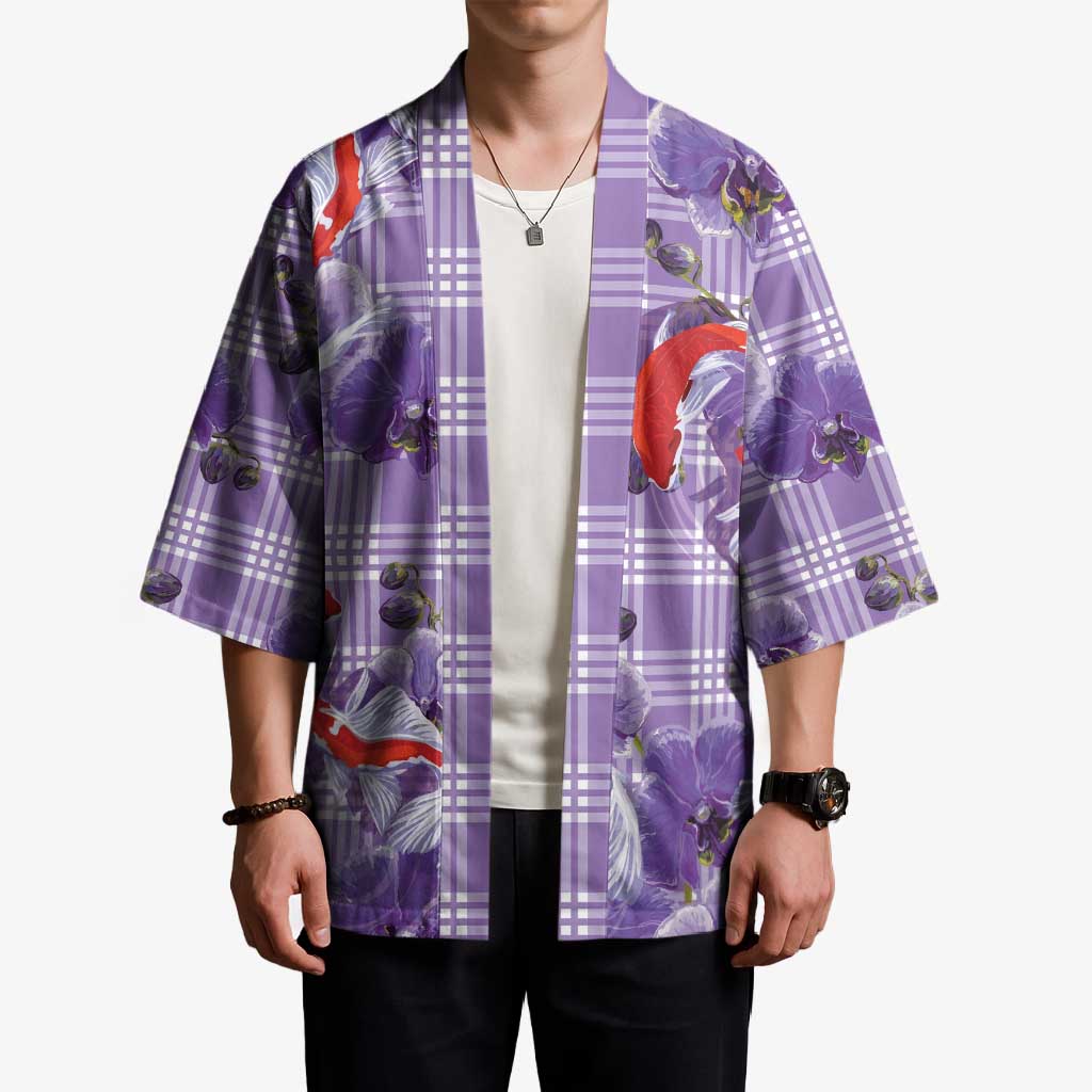 Lavender Palaka Hawaii Aloha Kimono Koi Pond Mix Orchids - Polynesian Pride