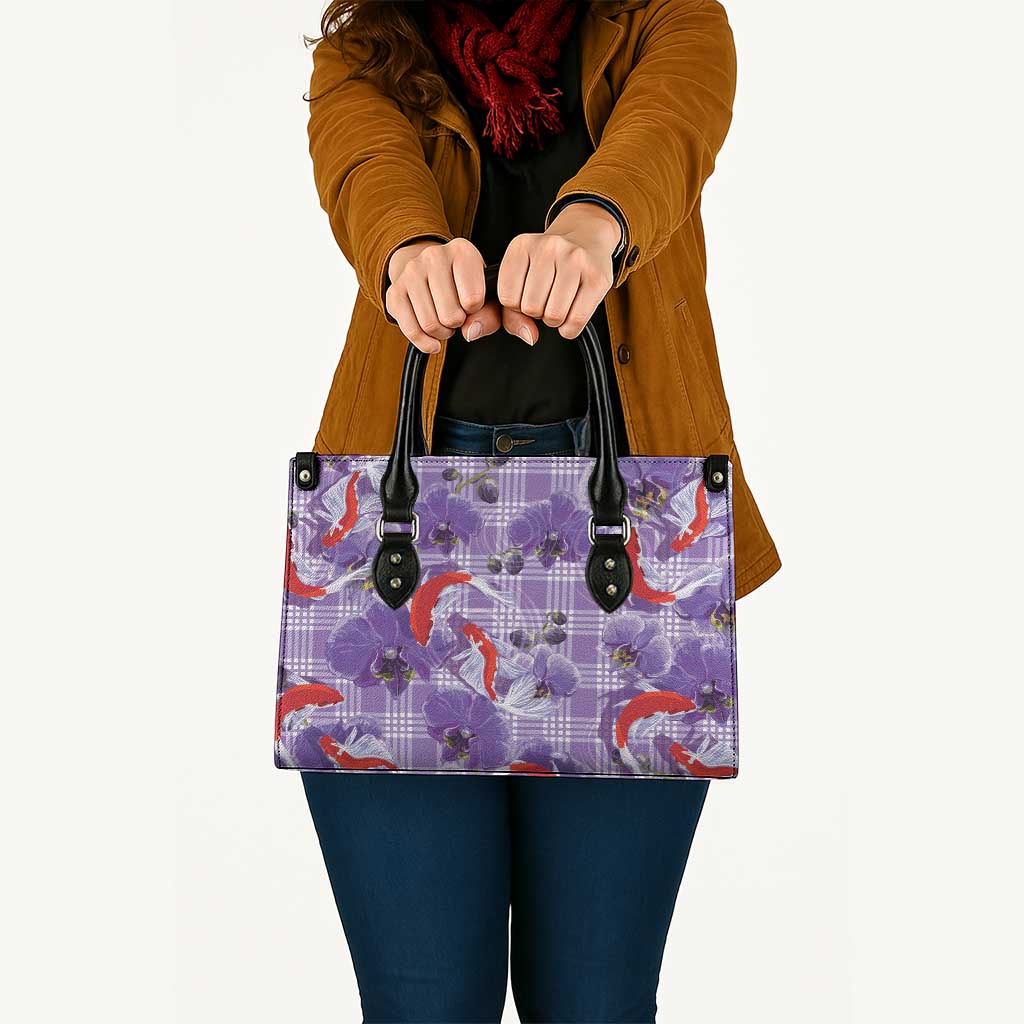 Lavender Palaka Hawaii Aloha Leather Bag Koi Pond Mix Orchids - Polynesian Pride