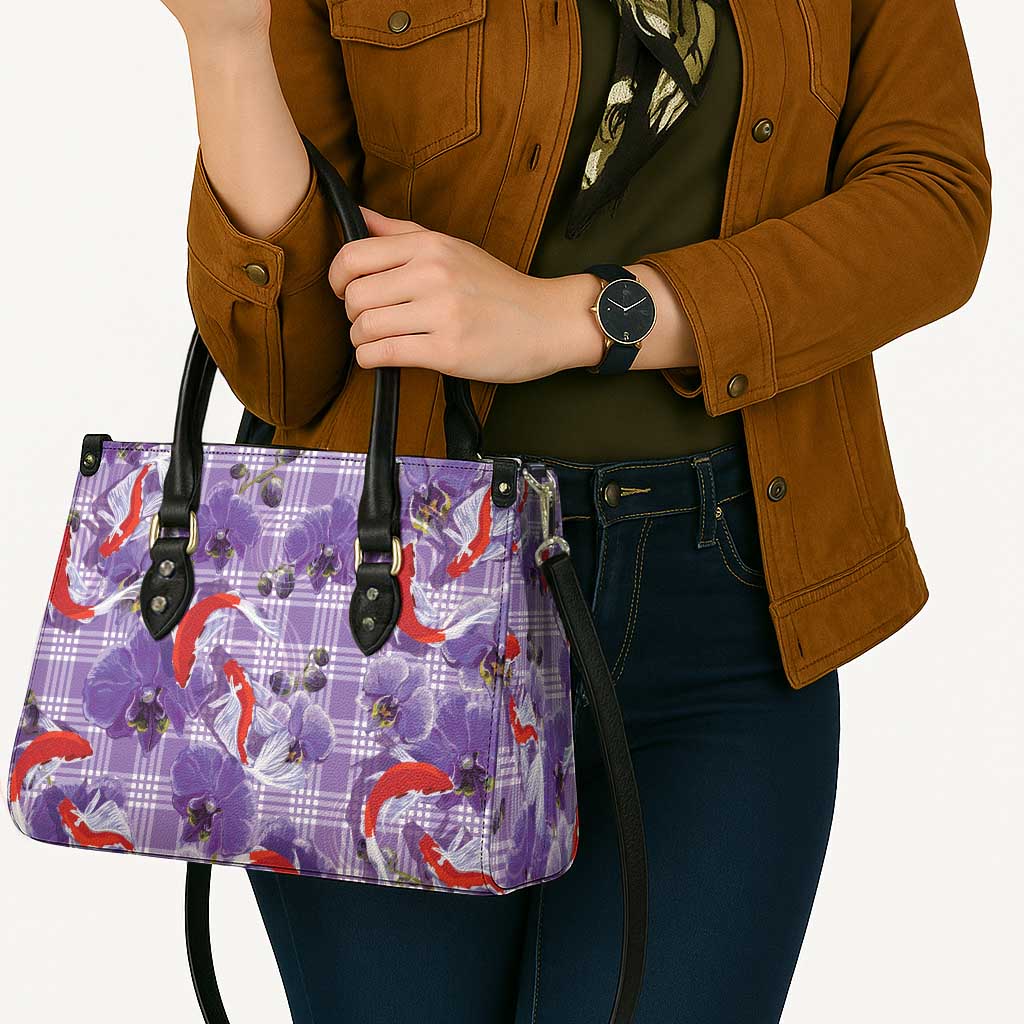Lavender Palaka Hawaii Aloha Leather Bag Koi Pond Mix Orchids - Polynesian Pride