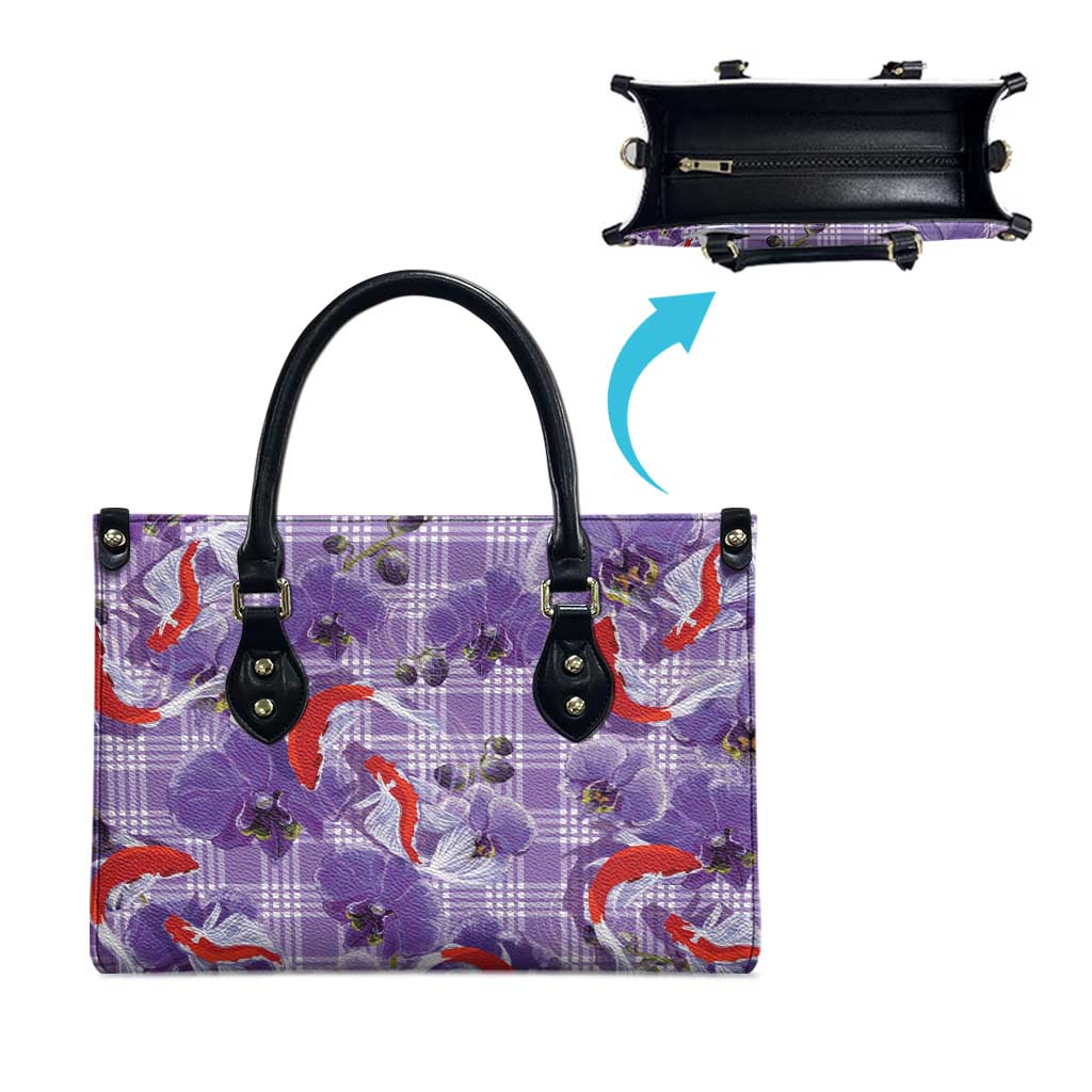 Lavender Palaka Hawaii Aloha Leather Bag Koi Pond Mix Orchids - Polynesian Pride