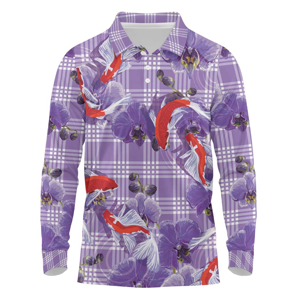 Lavender Palaka Hawaii Aloha Long Sleeve Polo Shirt Koi Pond Mix Orchids LT7 Purple - Polynesian Pride