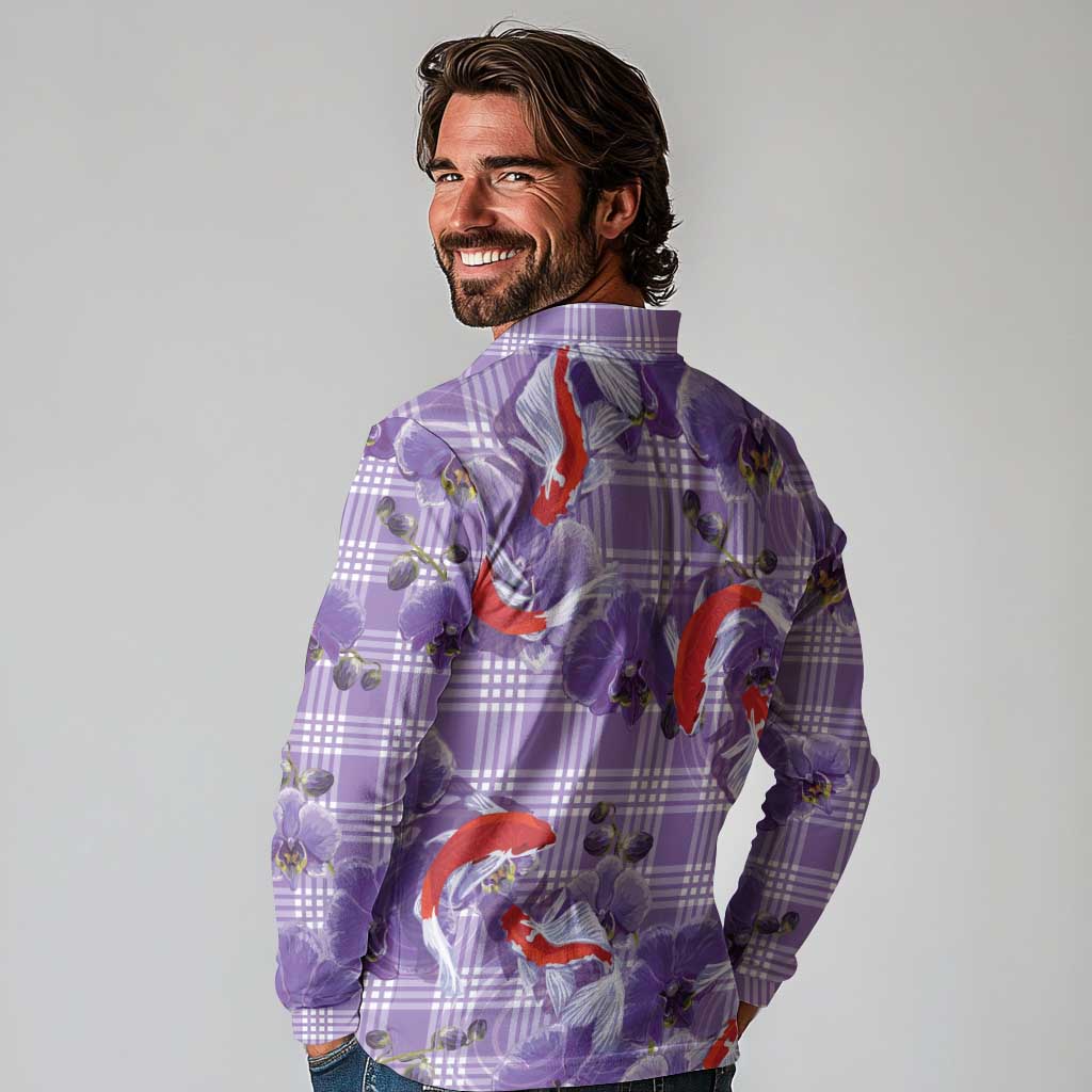 Lavender Palaka Hawaii Aloha Long Sleeve Polo Shirt Koi Pond Mix Orchids LT7 - Polynesian Pride
