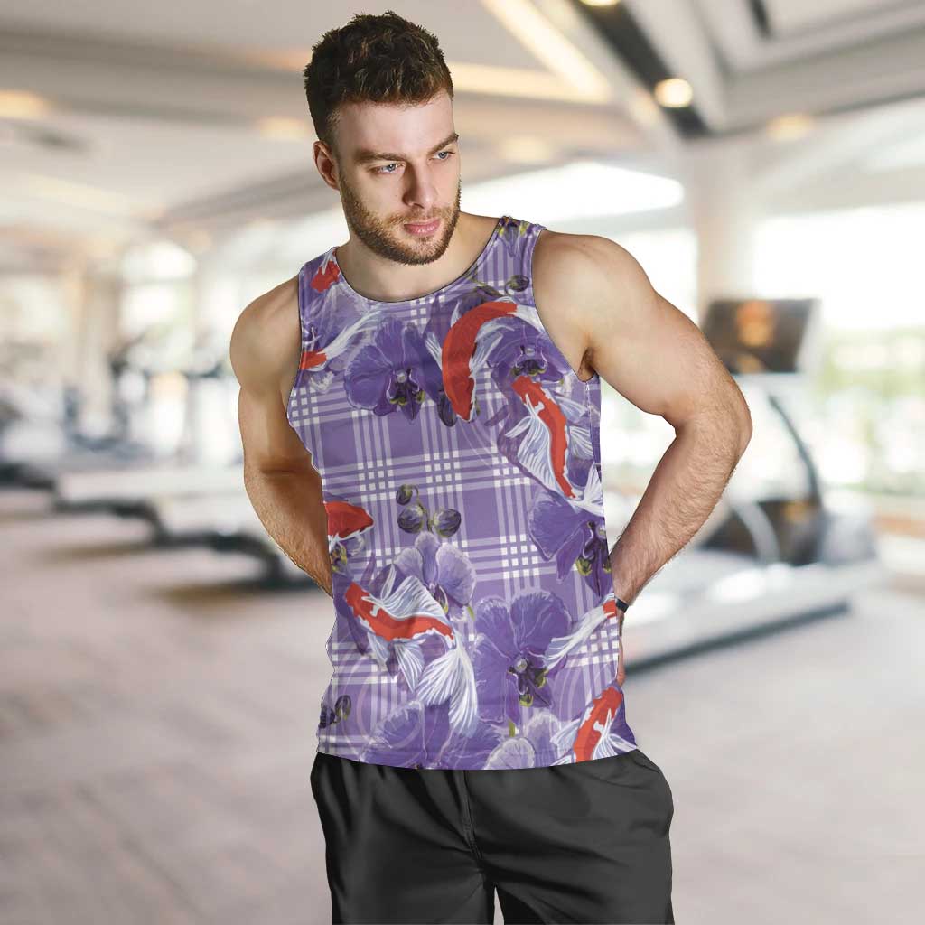 Lavender Palaka Hawaii Aloha Men Tank Top Koi Pond Mix Orchids - Polynesian Pride
