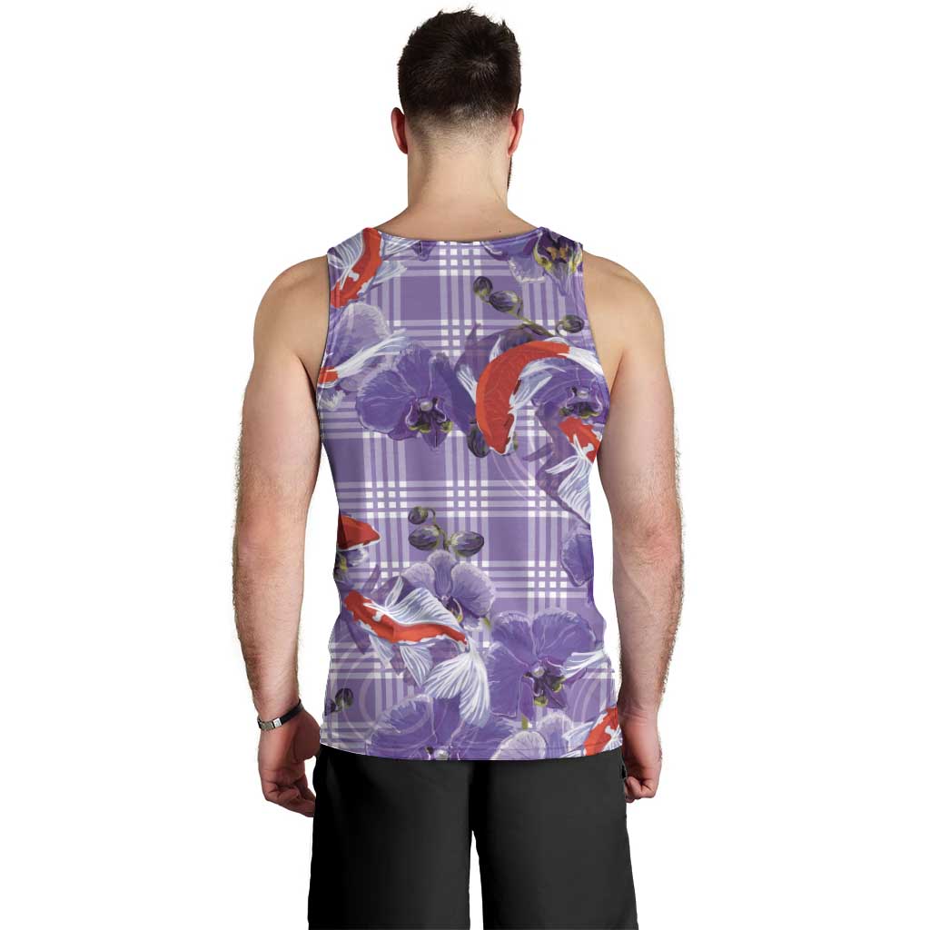 Lavender Palaka Hawaii Aloha Men Tank Top Koi Pond Mix Orchids - Polynesian Pride