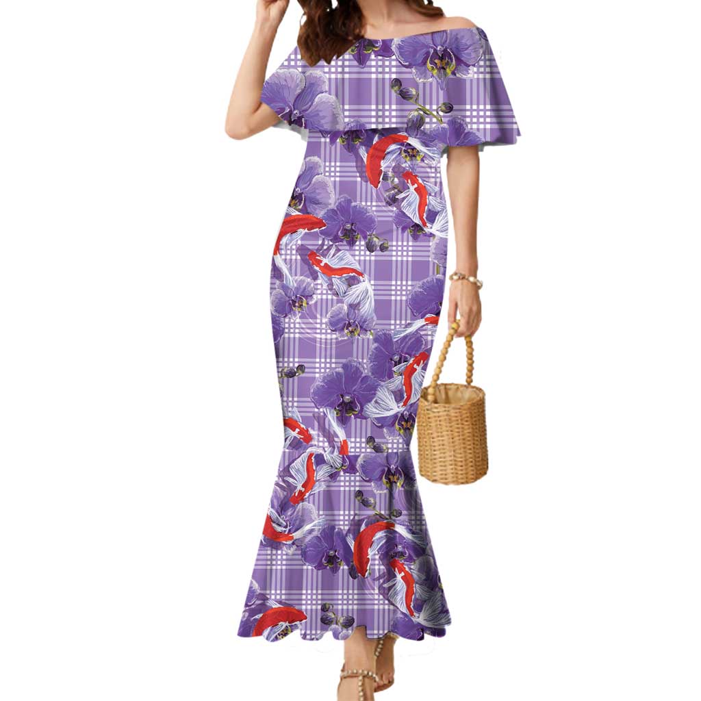 Lavender Palaka Hawaii Aloha Mermaid Dress Koi Pond Mix Orchids - Polynesian Pride