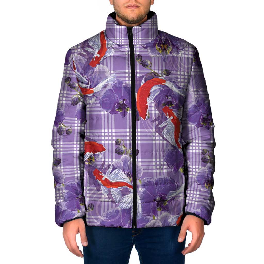 Lavender Palaka Hawaii Aloha Padded Jacket Koi Pond Mix Orchids LT7 Men Purple - Polynesian Pride