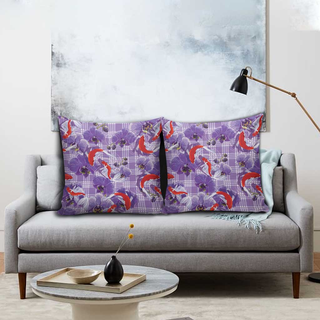Lavender Palaka Hawaii Aloha Pillow Cover Koi Pond Mix Orchids - Polynesian Pride
