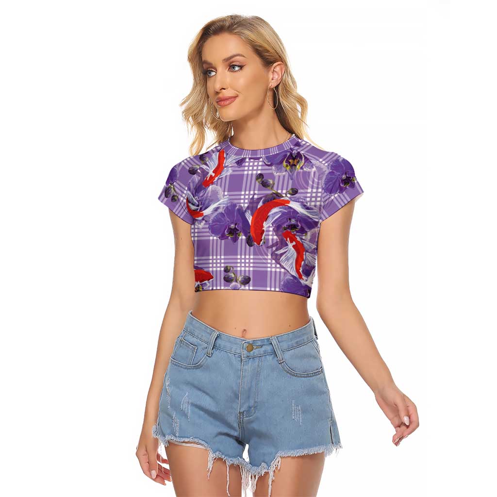 Lavender Palaka Hawaii Aloha Raglan Cropped T Shirt Koi Pond Mix Orchids - Polynesian Pride