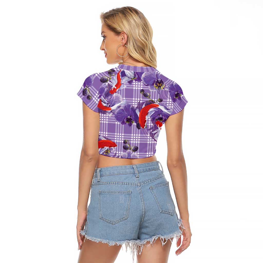 Lavender Palaka Hawaii Aloha Raglan Cropped T Shirt Koi Pond Mix Orchids - Polynesian Pride