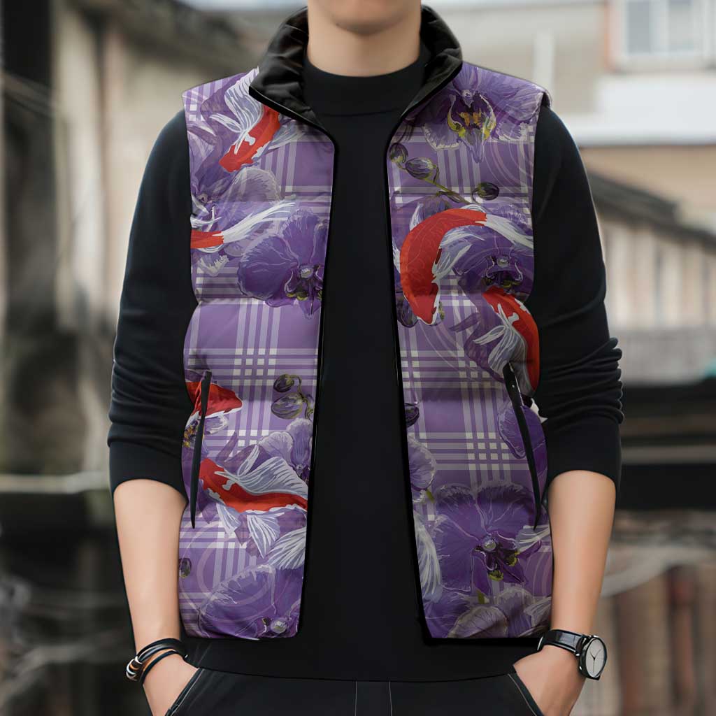 Lavender Palaka Hawaii Aloha Sleeveless Puffer Jacket Koi Pond Mix Orchids - Polynesian Pride