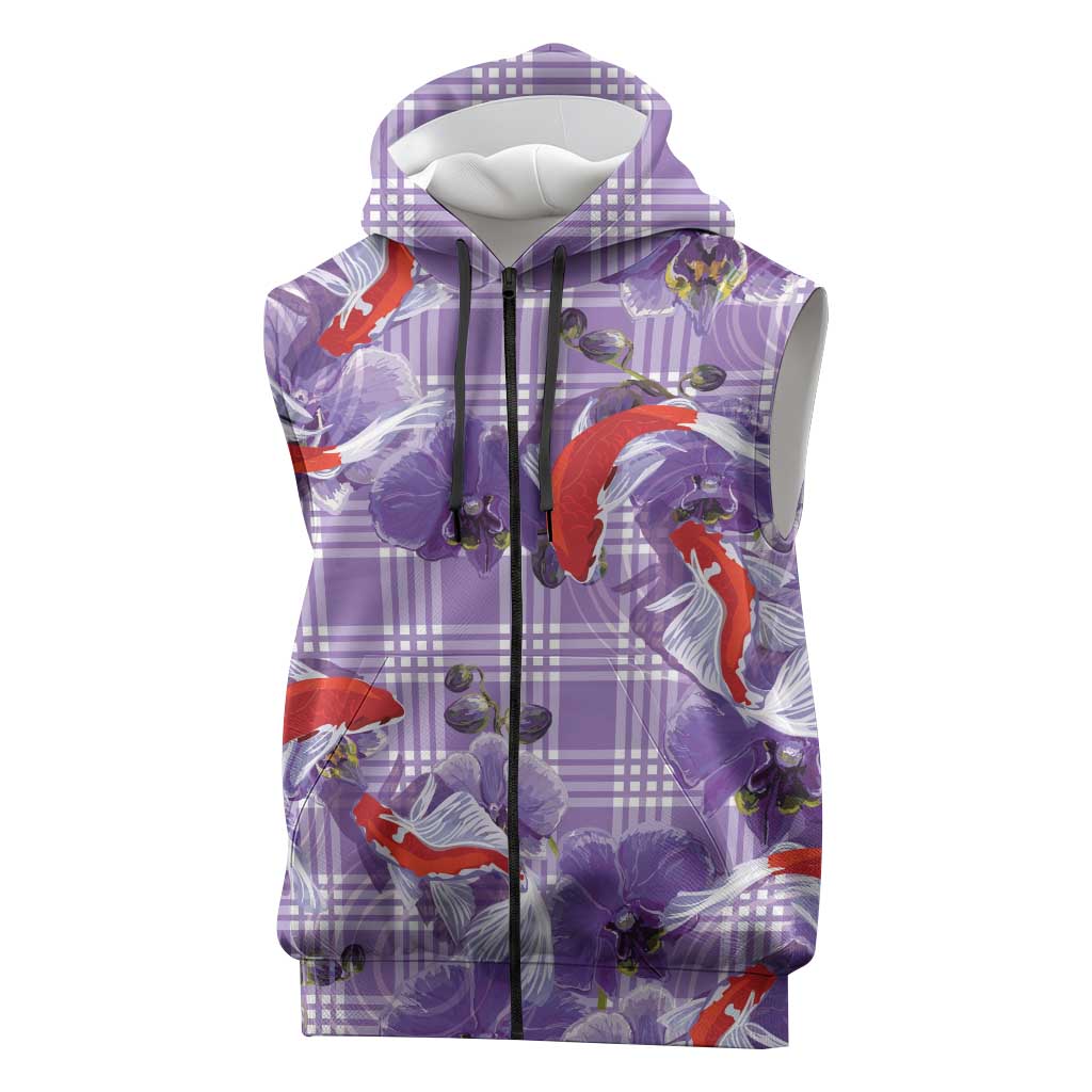 Lavender Palaka Hawaii Aloha Sleeveless Zip Hoodie Koi Pond Mix Orchids - Polynesian Pride