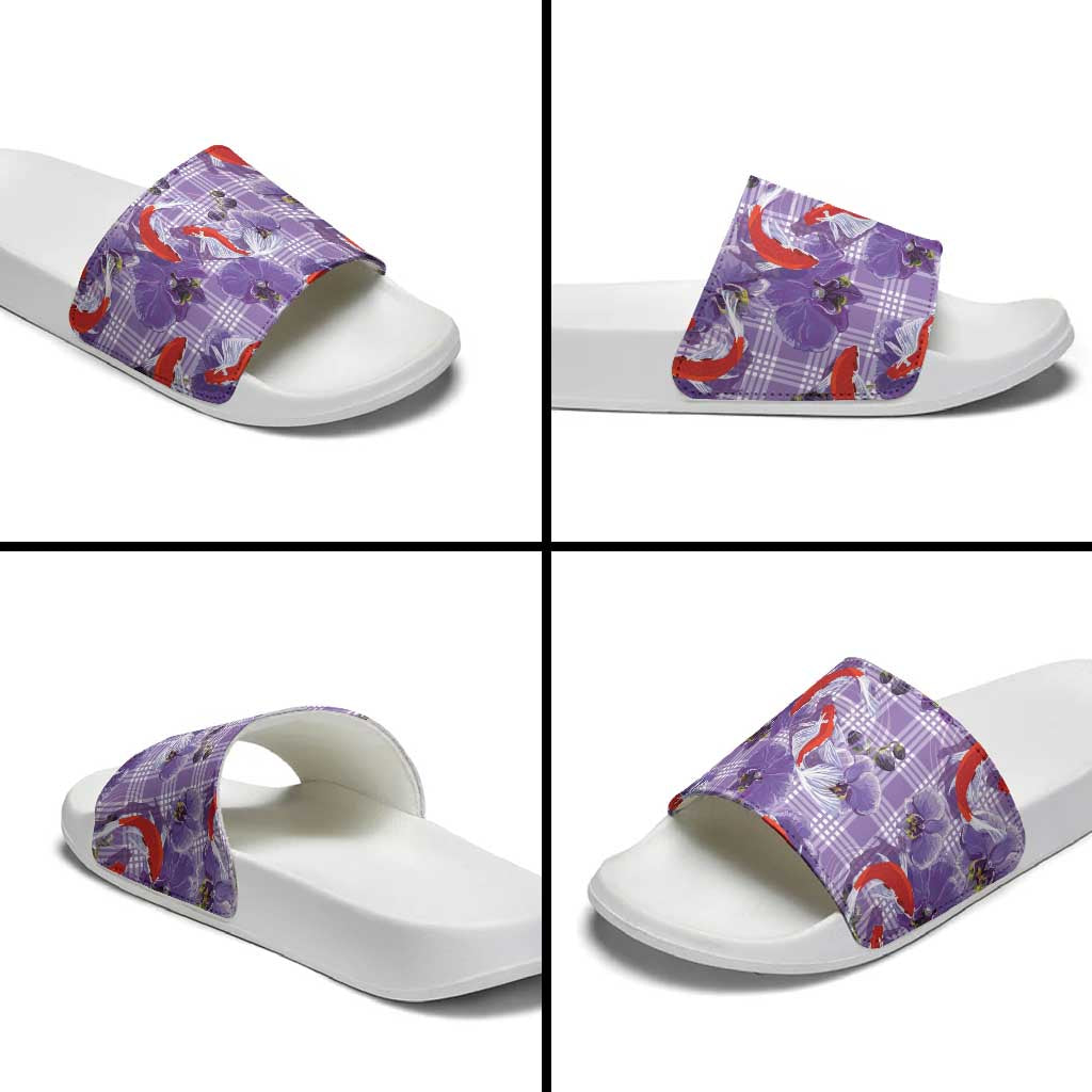Lavender Palaka Hawaii Aloha Slide Sandals Koi Pond Mix Orchids - Polynesian Pride