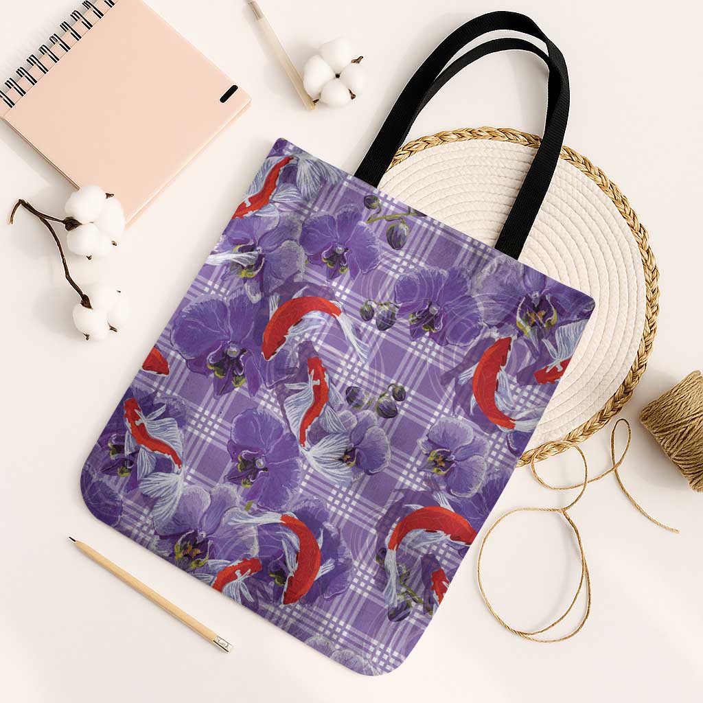 Lavender Palaka Hawaii Aloha Tote Bag Koi Pond Mix Orchids LT7 Black Strap One Size Purple - Polynesian Pride