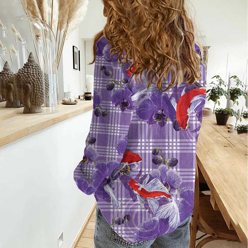 Lavender Palaka Hawaii Aloha Women Casual Shirt Koi Pond Mix Orchids - Polynesian Pride