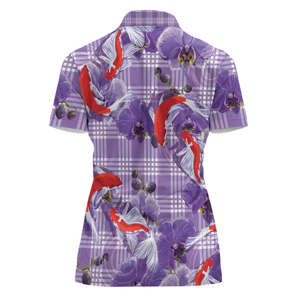 Lavender Palaka Hawaii Aloha Women Polo Shirt Koi Pond Mix Orchids - Polynesian Pride