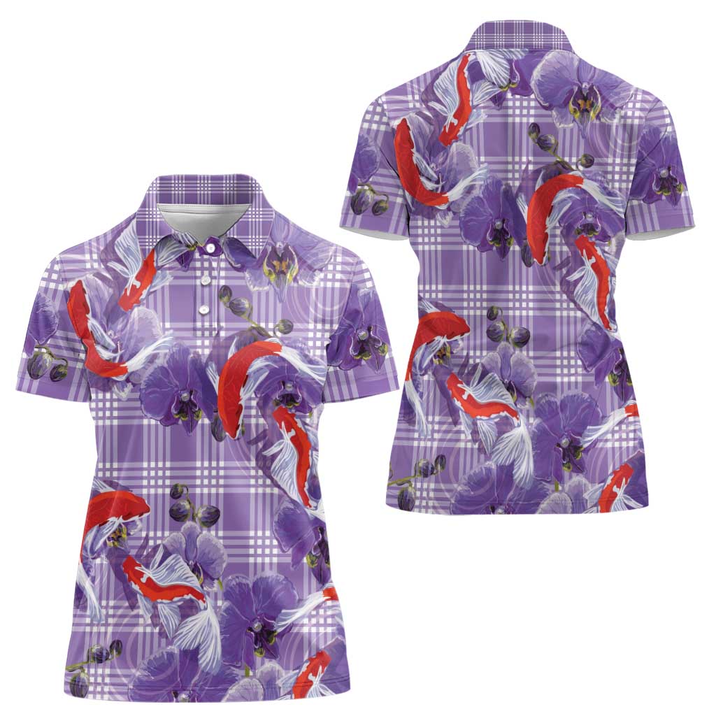 Lavender Palaka Hawaii Aloha Women Polo Shirt Koi Pond Mix Orchids - Polynesian Pride