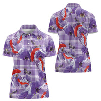 Lavender Palaka Hawaii Aloha Women Polo Shirt Koi Pond Mix Orchids - Polynesian Pride