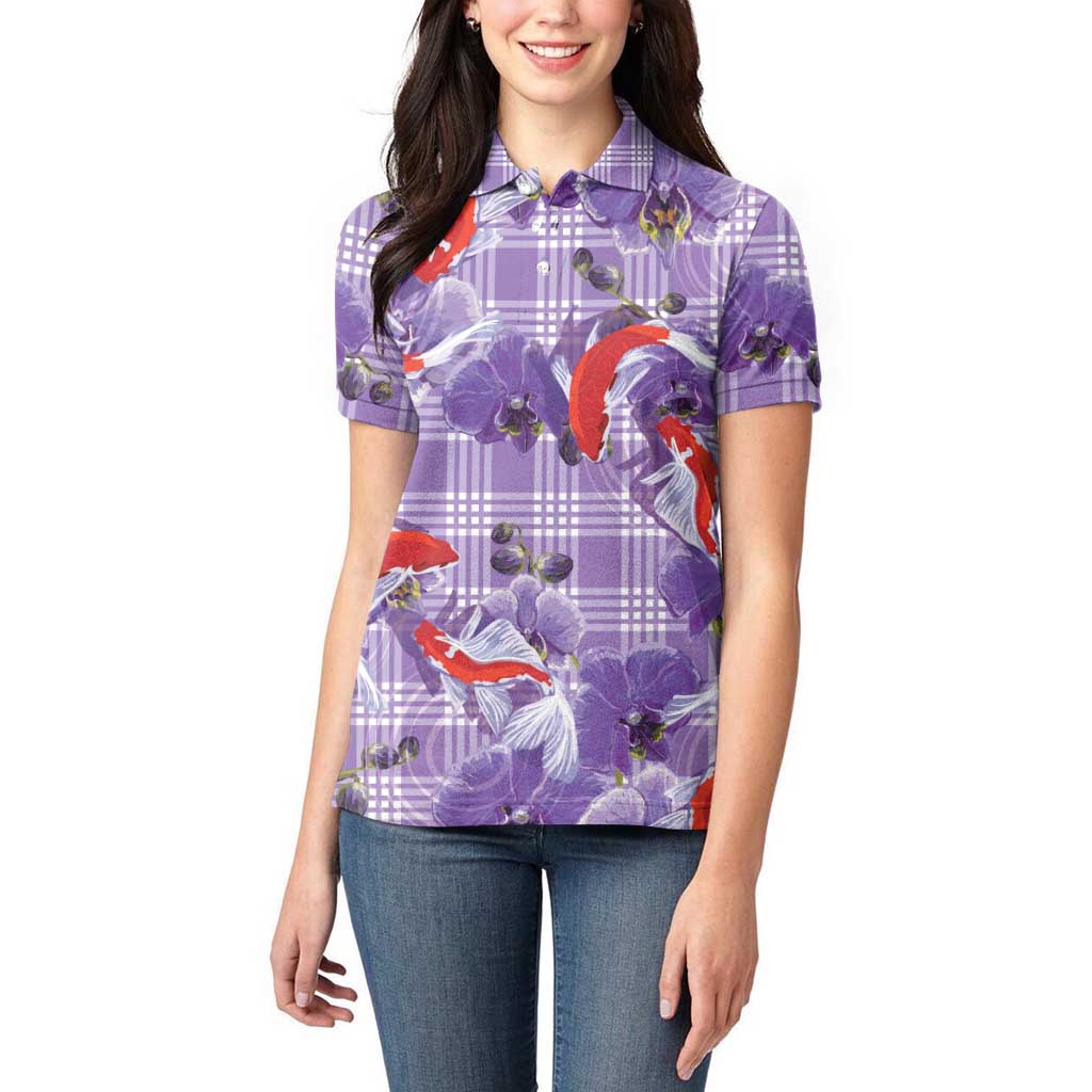 Lavender Palaka Hawaii Aloha Women Polo Shirt Koi Pond Mix Orchids - Polynesian Pride