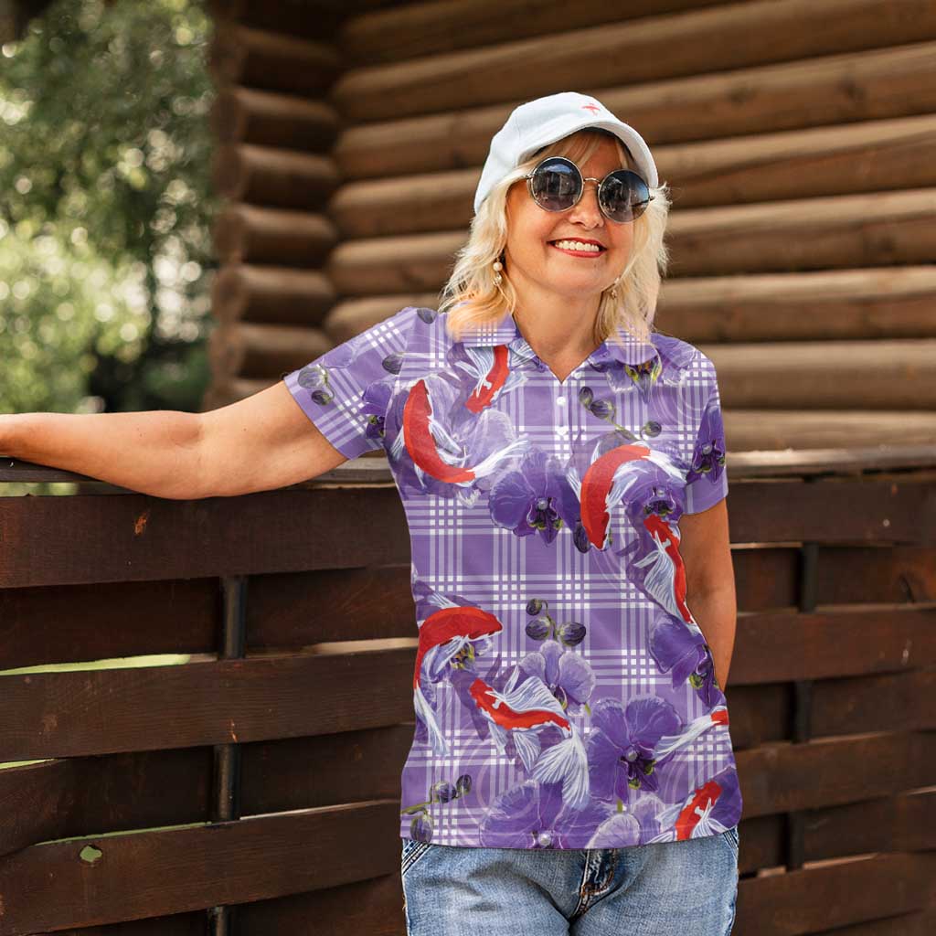 Lavender Palaka Hawaii Aloha Women Polo Shirt Koi Pond Mix Orchids - Polynesian Pride