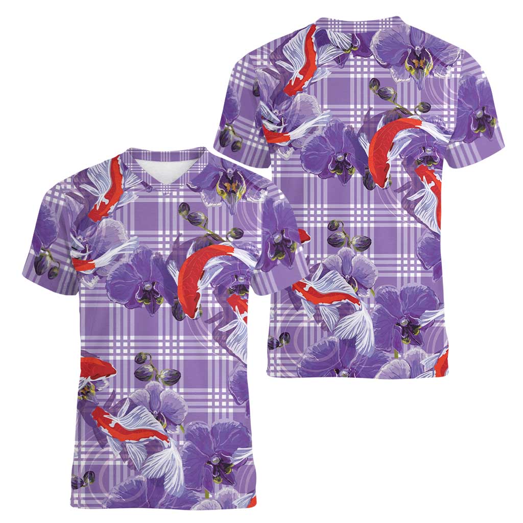 Lavender Palaka Hawaii Aloha Women V-Neck T-Shirt Koi Pond Mix Orchids - Polynesian Pride