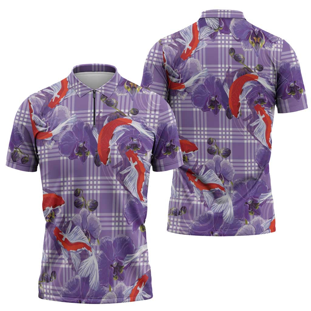 Lavender Palaka Hawaii Aloha Zipper Polo Shirt Koi Pond Mix Orchids - Polynesian Pride