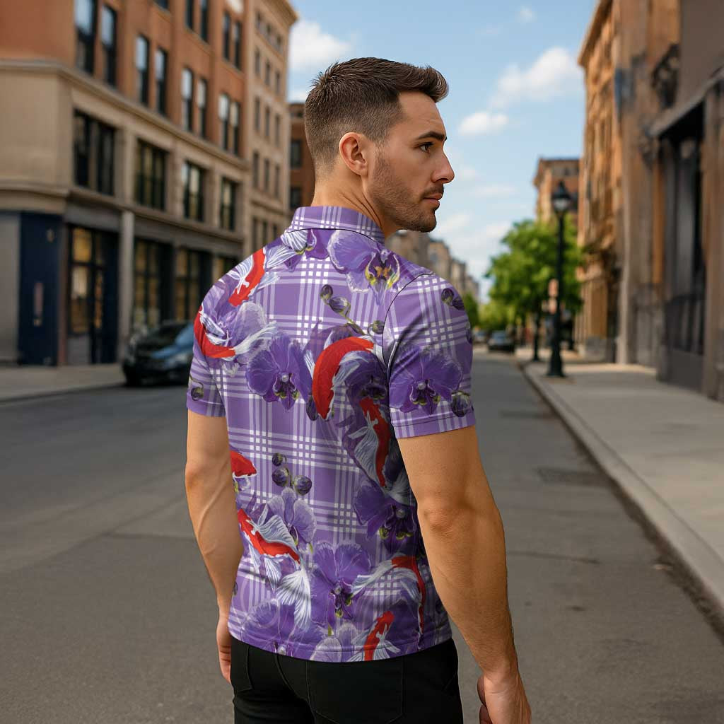 Lavender Palaka Hawaii Aloha Zipper Polo Shirt Koi Pond Mix Orchids - Polynesian Pride