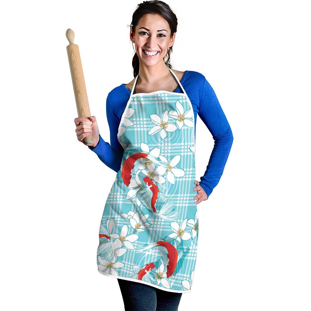 Turquoise Palaka Hawaii Aloha Apron Koi Pond Mix Plumeria - Polynesian Pride