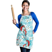 Turquoise Palaka Hawaii Aloha Apron Koi Pond Mix Plumeria - Polynesian Pride