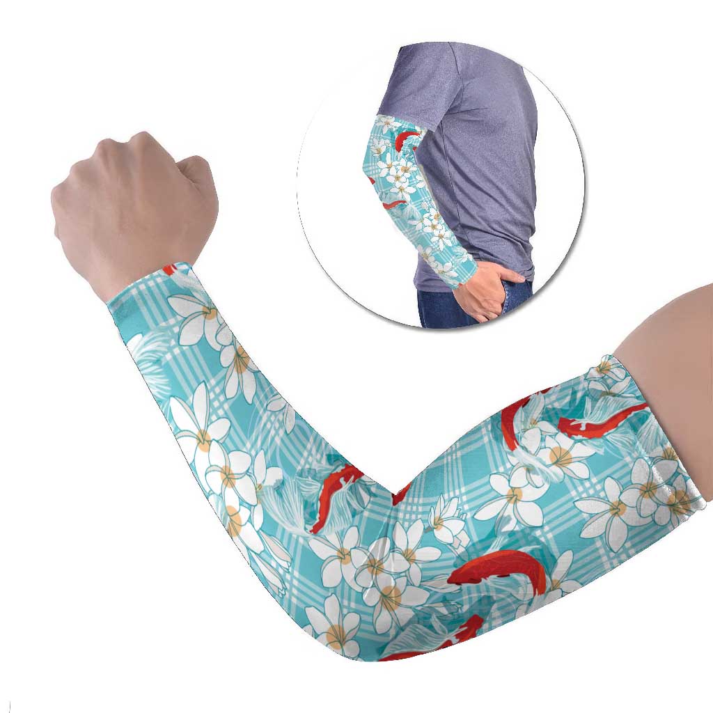 Turquoise Palaka Hawaii Aloha Arm Sleeves Koi Pond Mix Plumeria - Polynesian Pride