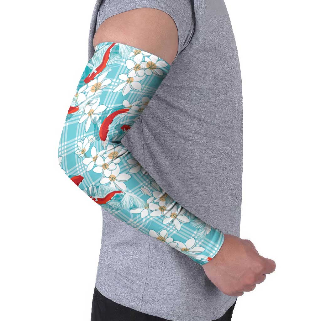 Turquoise Palaka Hawaii Aloha Arm Sleeves Koi Pond Mix Plumeria - Polynesian Pride