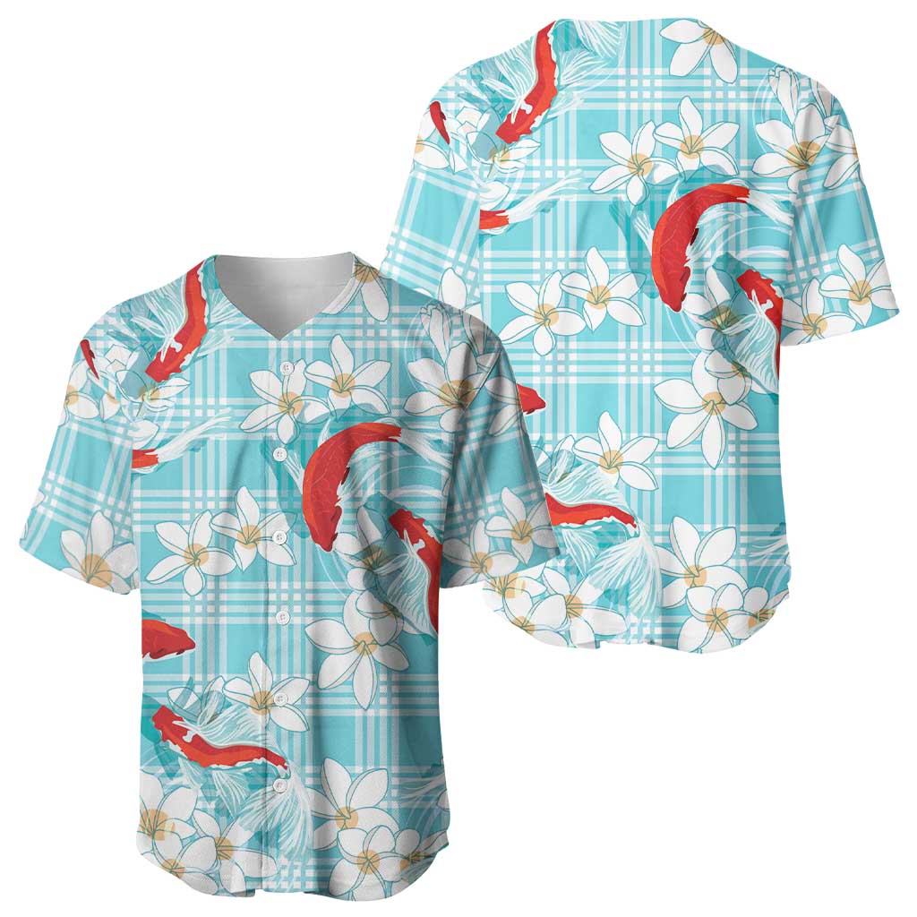 Turquoise Palaka Hawaii Aloha Baseball Jersey Koi Pond Mix Plumeria - Polynesian Pride