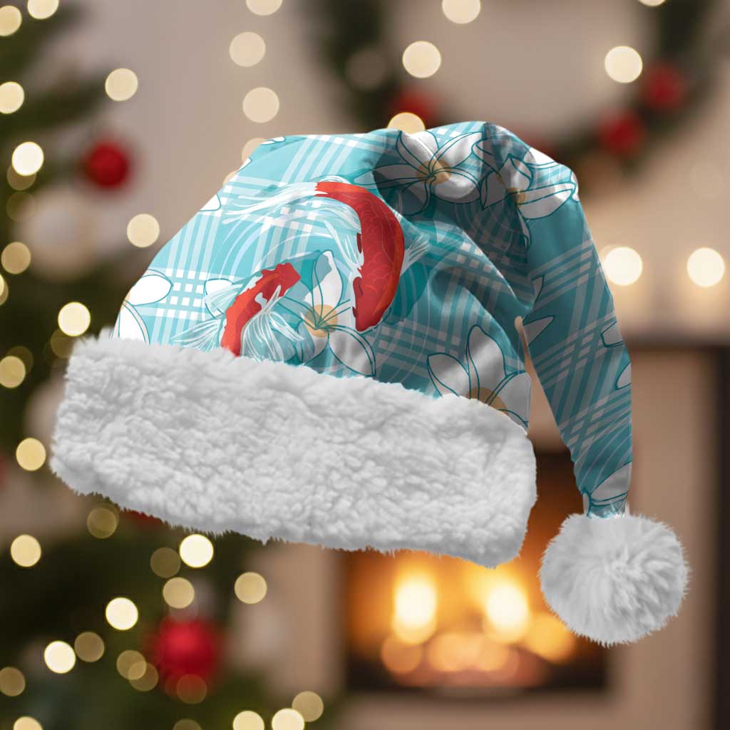 Turquoise Palaka Hawaii Aloha Christmas Santa Hat Koi Pond Mix Plumeria - Polynesian Pride