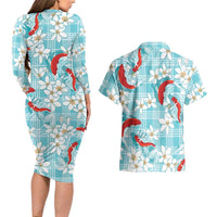 Turquoise Palaka Hawaii Aloha Couples Matching Long Sleeve Bodycon Dress and Hawaiian Shirt Koi Pond Mix Plumeria LT7 - Polynesian Pride