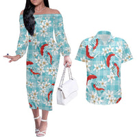 Turquoise Palaka Hawaii Aloha Couples Matching Off The Shoulder Long Sleeve Dress and Hawaiian Shirt Koi Pond Mix Plumeria LT7 Turquoise - Polynesian Pride