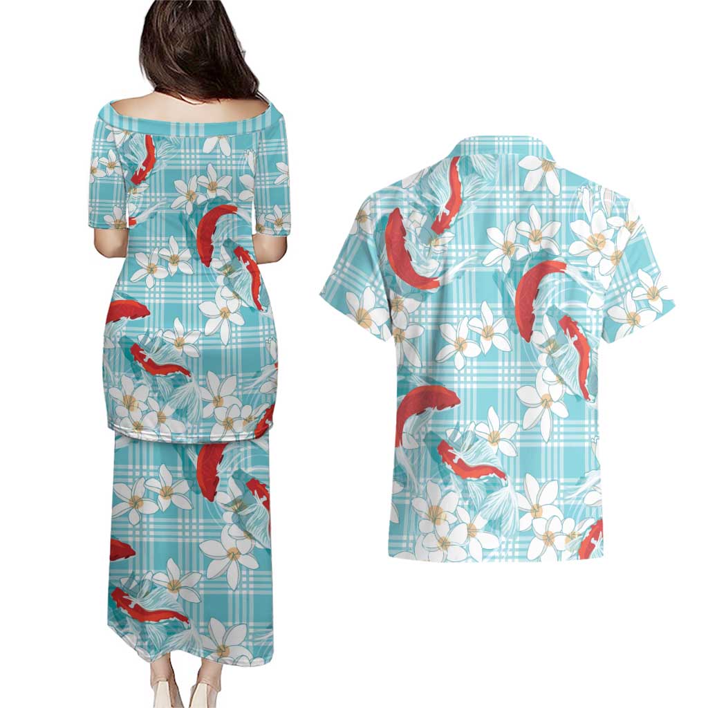 Turquoise Palaka Hawaii Aloha Couples Matching Puletasi and Hawaiian Shirt Koi Pond Mix Plumeria - Polynesian Pride