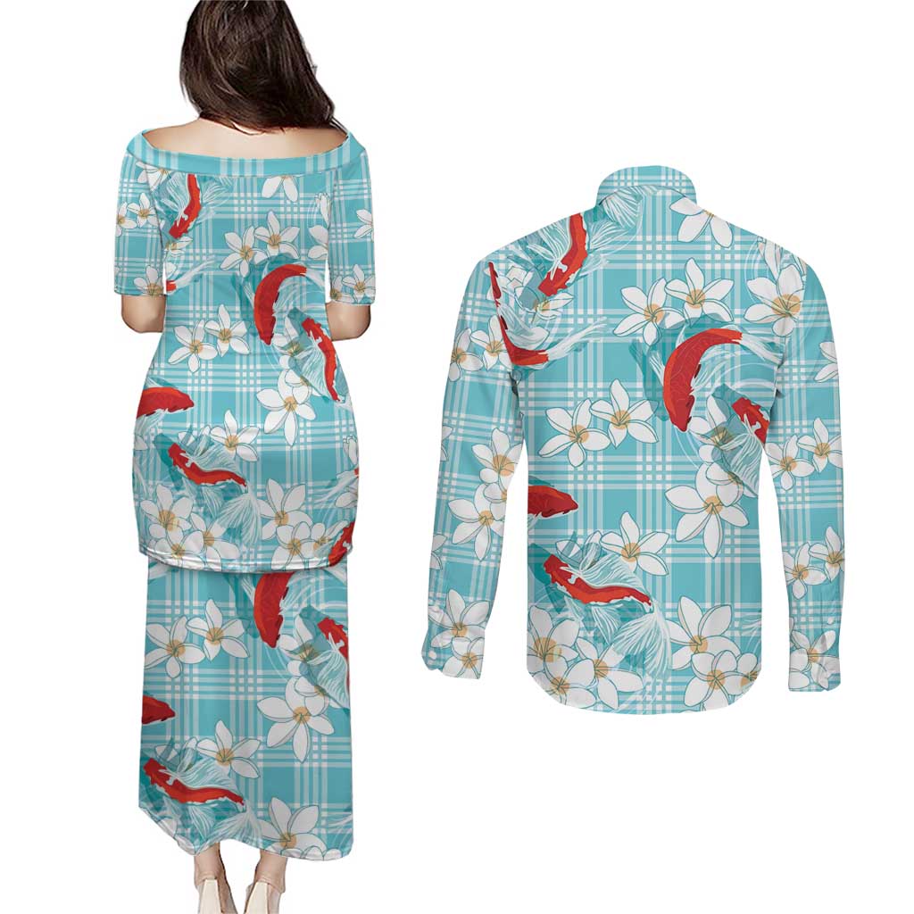 Turquoise Palaka Hawaii Aloha Couples Matching Puletasi and Long Sleeve Button Shirt Koi Pond Mix Plumeria - Polynesian Pride